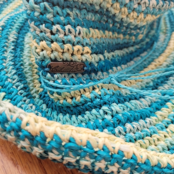 Handmade Crochet Wide Brim Sun Hat - Teal & Cream - Picture 2 of 10